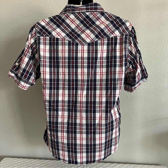 Rolling Paper Brand NYC Rollco Shirt Mens Short Sleeve Sz L Blue Red White Plaid - Picture 3 of 11